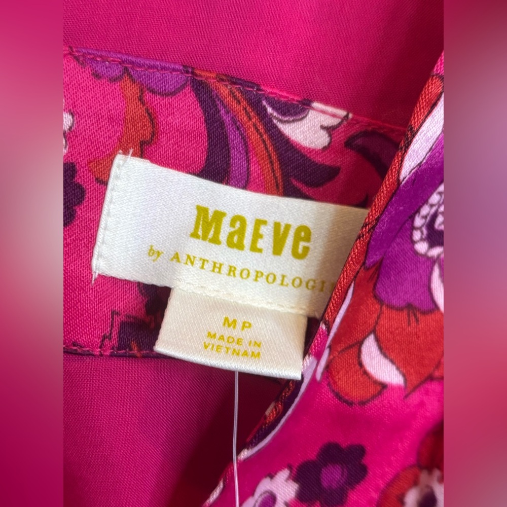 Anthropologie Maeve Vibrant Pink Wrap Mini Floral Long Sleeve Dress NWT Medium P - Picture 8 of 8